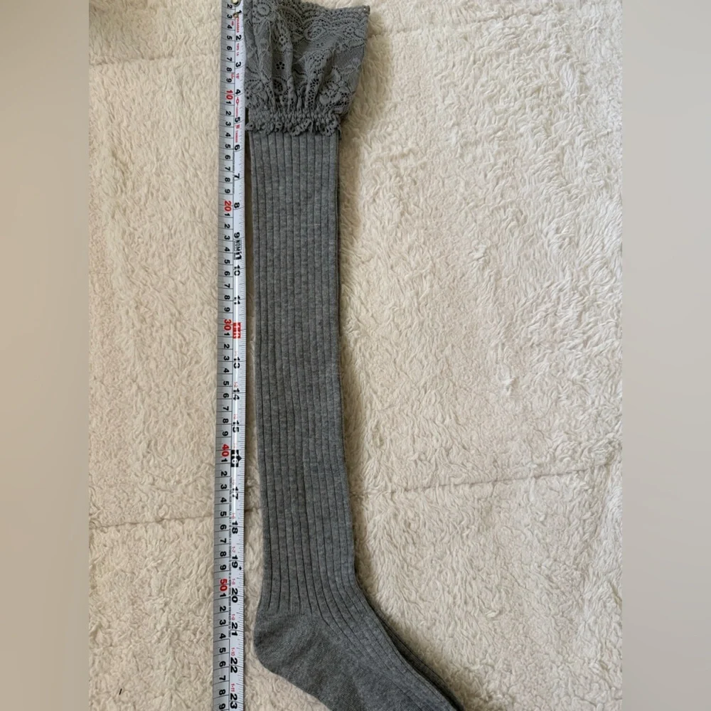 Gray Ribbed Thigh-High Socks w/ Lace Trim Cozy Cottagecore
